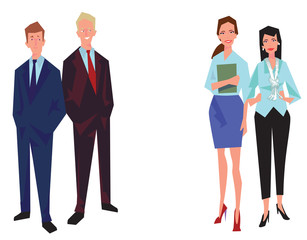 Four office workers, employees, managers. Two men and two women. Business people in business suits stand. Isolated on white. Business Icons. Business design. Vector illustration.