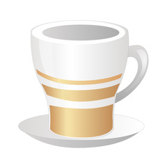 Porcelain white cup with gold strips and saucer. Vector illustration. Isolated on white background