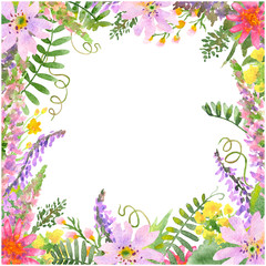 Fototapeta na wymiar Raster vivid square frame made with flowers and wild plants. Summer, natural, romantic, girlish themes, design element, printed goods.