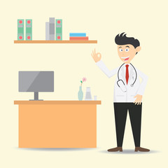 young doctor at work in the office room cartoon vector illustration
