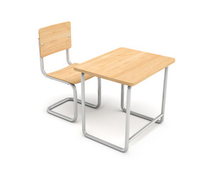 3d rendering of a school desk and chair both are made of iron and light wood isolated on white background.