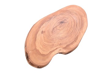 Cutting board made of olive wood. View from above. Isolated over white background
