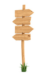 3d rendering of a wooden pole with some grass on it's base and four blank arrows on the top.