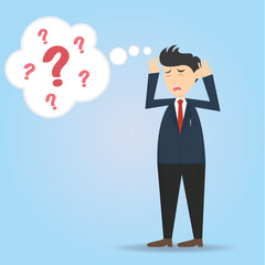 Obraz premium confused male businessman with question mark cartoon vector illustration