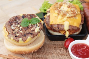 Double hamburger with double cheese is tasty.