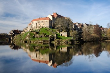 Medieval village reflecting on a lake - obrazy, fototapety, plakaty