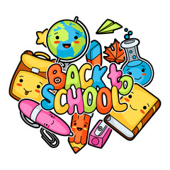 Back to school. Kawaii design with cute education supplies