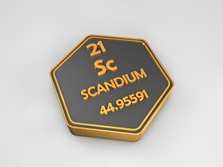 Scandium - Sc - chemical element periodic table hexagonal shape 3d render