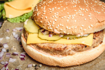 Tasty burger with cucumber and cheese