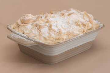 Fancy dessert with pancakes and marshmallow, place in a bowl, light background, isolated