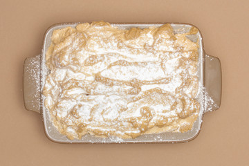 Fancy dessert with pancakes and marshmallow, place in a bowl, light background, isolated