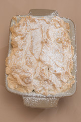 Fancy dessert with pancakes and marshmallow, place in a bowl, light background, isolated