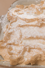 Fancy dessert with pancakes and marshmallow, place in a bowl, light background, isolated