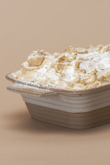Fancy dessert with pancakes and marshmallow, place in a bowl, light background, isolated