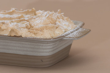 Fancy dessert with pancakes and marshmallow, place in a bowl, light background, isolated