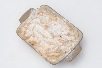 Fancy dessert with pancakes and marshmallow, place in a bowl, light background, isolated