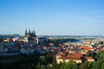 Hradcany and Lesser Town area ( Mala strana ), Prague, Czech Republic / Czechia - cityscape of capital city. Old historical houses and towers of Prague Castle and Saint Vitus Cathedral