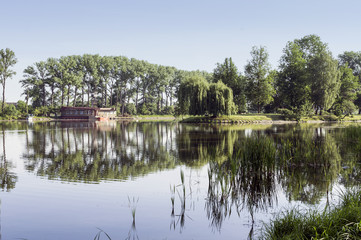 Island with a lodge on the lake