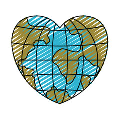 color crayon silhouette front view globe earth world in heart shape vector illustration