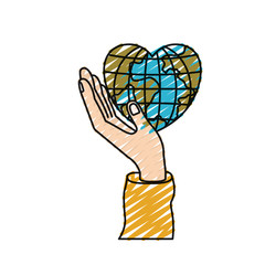 color crayon silhouette hand holding in palm a earth globe world in heart shape vector illustration
