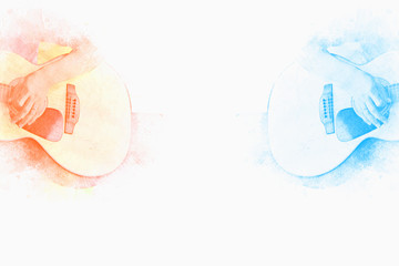 A man playing guitar watercolor background, Guitar isolated.