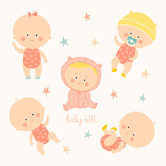 Set with cute baby girls. Growth from newborn to toddler. Various poses.First year. activities. Crawling, sitting, standing, playing, smiling.