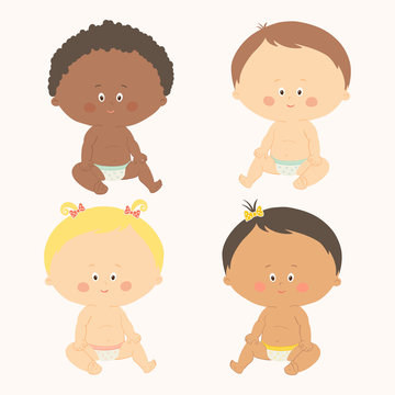 Multi-ethnic set of four babies sitting. Toddler girls and boys.