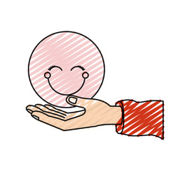 color crayon silhouette palm human holding a pink happy face symbol vector illustration