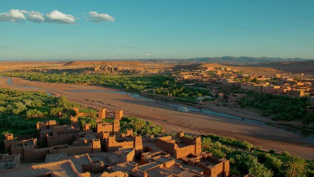 Time lapse over desert scenic city Ait-Ben-Haddou Castle in Morocco, exterior in movie Game of Thrones