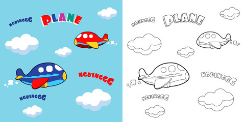 vector coloring book for children. cute planes in the sky