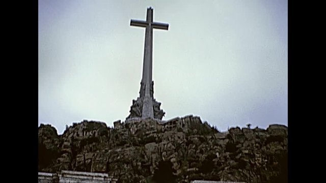 Valle de los Caidos, Valley of the Fallen, catholic basilica and monumental memorial in San Lorenzo de El Escorial near Madrid in Spain. Restored historical 70s archival footage on 1978.