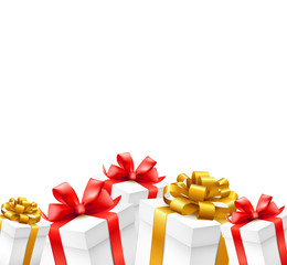 Gift boxes with gold, red ribbons  isolated on white  background. Vector illustration.