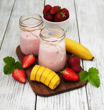 yogurt with fresh strawberries and banana