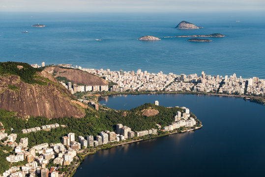High Angle View of Rodrigo de Freitas Lagoon, Cabritos Mountain, Ipanema District, Atlantic Ocean and Cagarras Islands, Seen From the Corcovado Mountain in Rio de Janeiro, Brazil