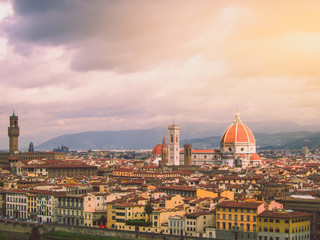 Fototapeta na wymiar Duomo Santa Maria Del Fiore and Bargello in the morning from Piazzale Michelangelo in Florence, Tuscany, Italy. Cathedral Santa Maria del Fiore.