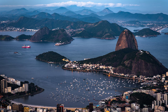 Famous View of the Sugarloaf Mountain by Evening iin Rio de Janeiro, Brazil