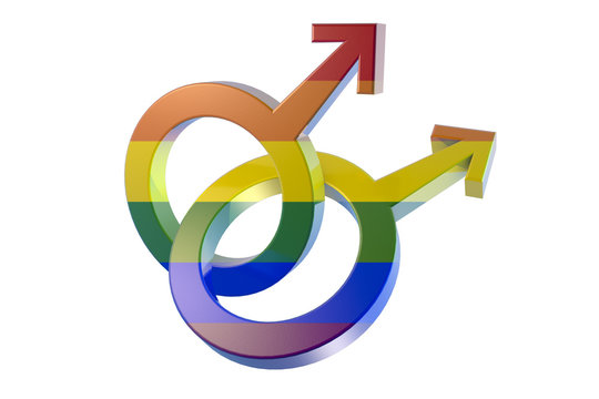 Gay symbol in rainbow colors, two male symbols crossed representing homosexual relationship isolated on white background, 3D illustration