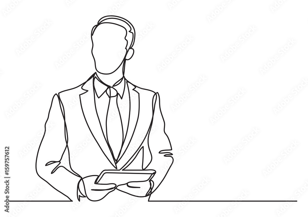 Wall mural businessman with tablet - single line drawing