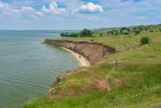 Spring landscape with Kakhovka Reservoir located on the Dnepr River, Ukraine