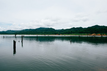 The lake and green mount. Film tone