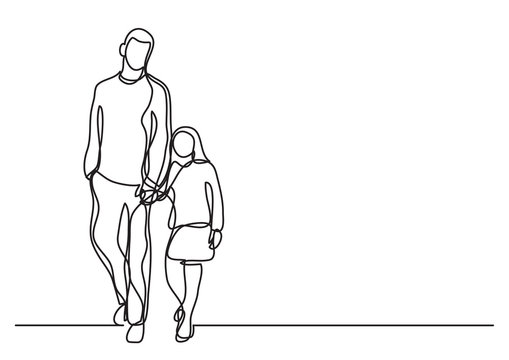 father and daughter walking - single line drawing