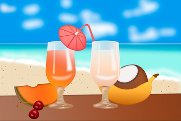 Two glasses of juice and fruit on the background of the sea