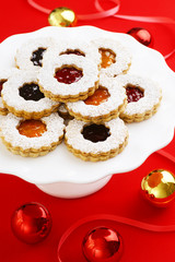 Christmas Linzer Torte Cookies Filled with Jam with Holiday Decorations