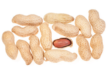Closeup Peanuts in nutshell and peeled peanuts on white background. Top view