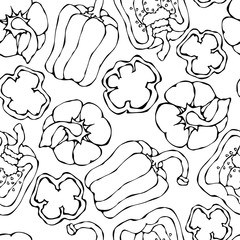 Seamless of Paprika, Bell Pepper or Sweet Bulgarian Pepper. Isolated On a White Background. Realistic and Doodle Style Hand Drawn Sketch Vector Illustration.