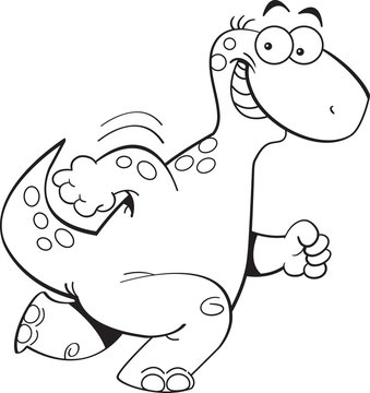 Black and white illustration of a running brontosaurus.