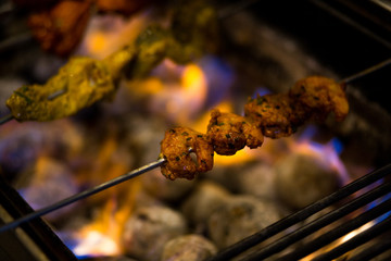 Kebabs on Skewers Over Coal Fire