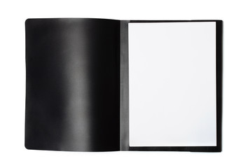 Front view of open file folder with blank paper sheets