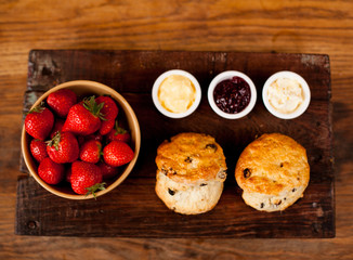 Scones with Strawberries, Raspberry Jam and Clotted Cream