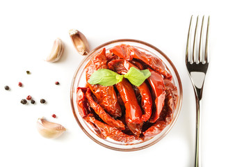 Italian dish - sundried tomato with oil and spice. Top view